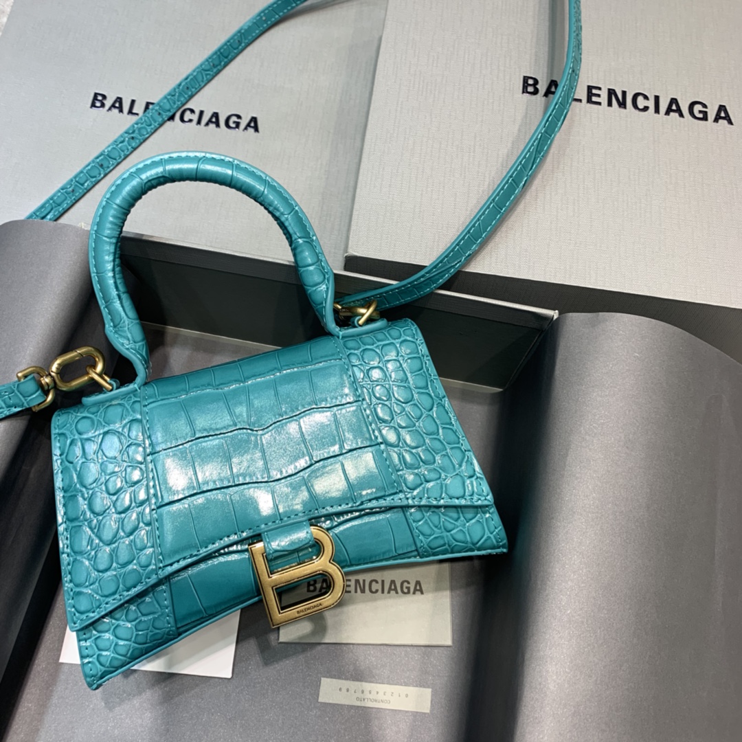 Balenciaga Hourglass XS Handbag Crocodile Embossed Shoulder Bag Green Blue